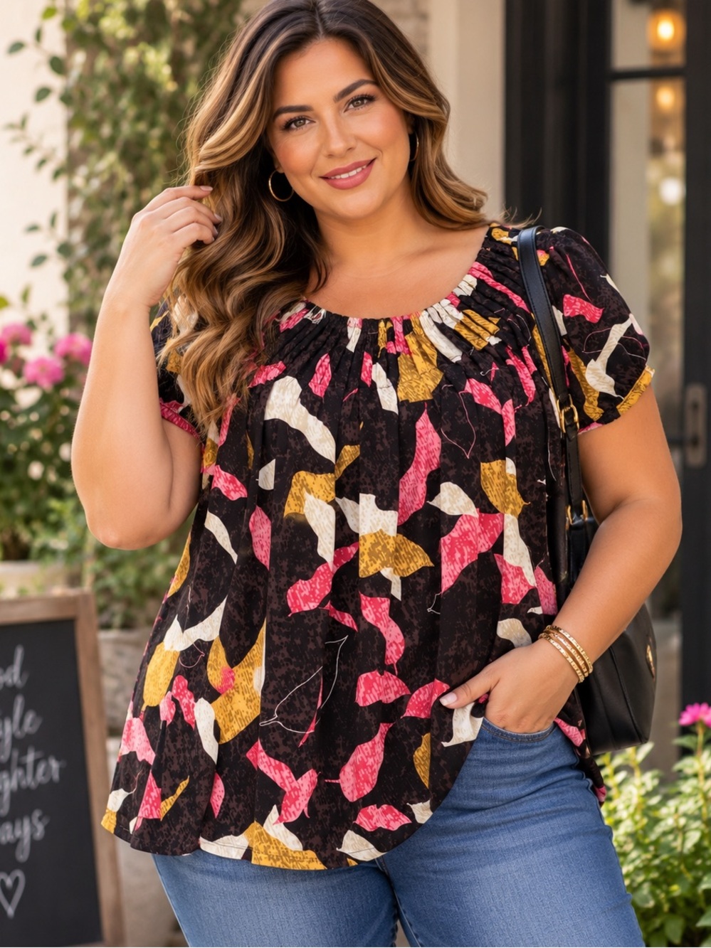 Style & Co. Abstract Leaf Print Ruched Scoop Neck Short Sleeve Blouse Top - XL